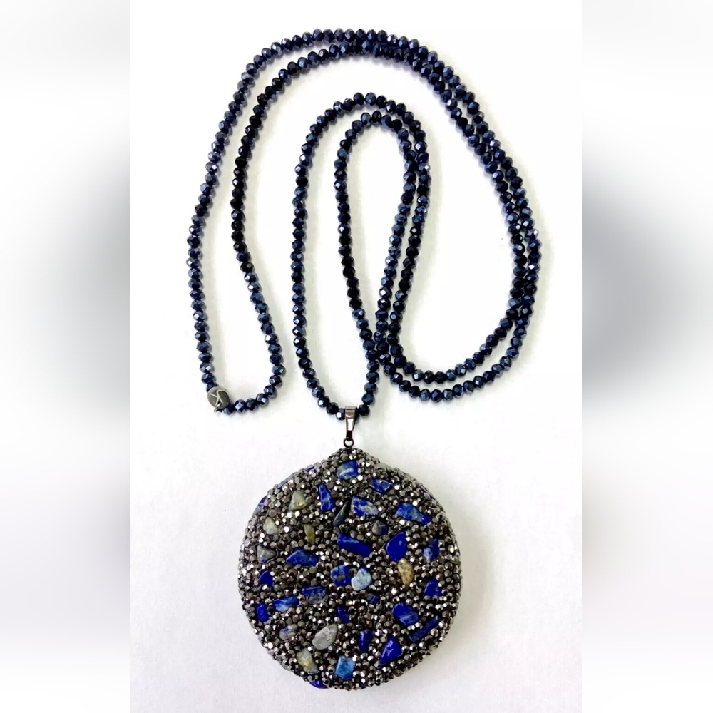 HSN JK NY Nugget Circle Drop Lapis Beaded Pendant Necklace 33"